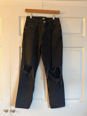 PAIGE Women’s Black Distressed Knee Rip Mom Jeans